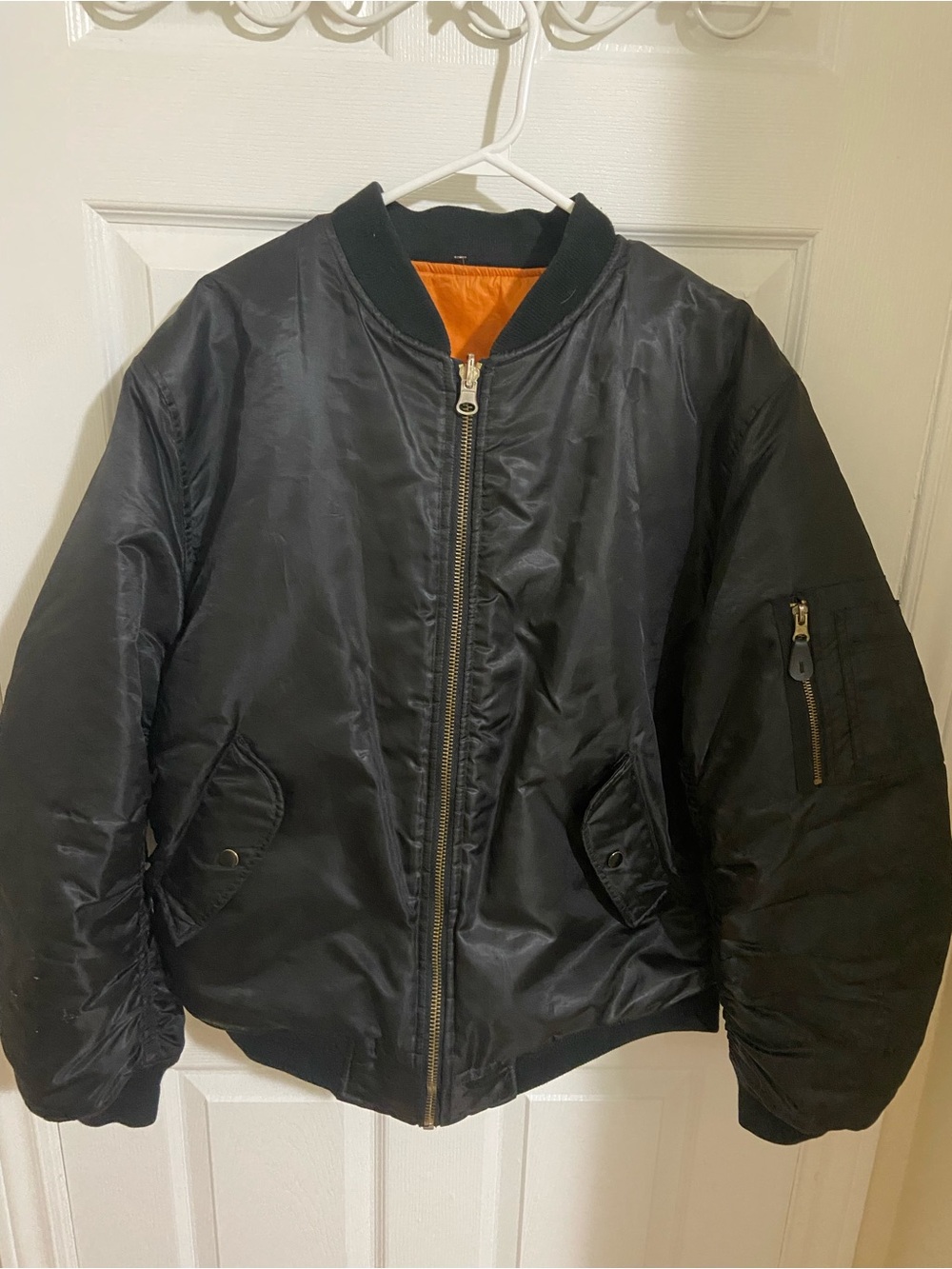 Classic Black Bomber Jacket with Orange Lining